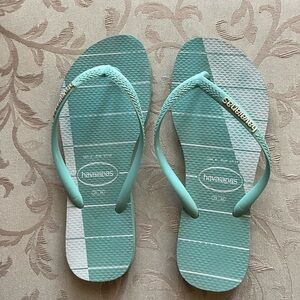 Havaianas Aqua and White Striped Flip Flops
